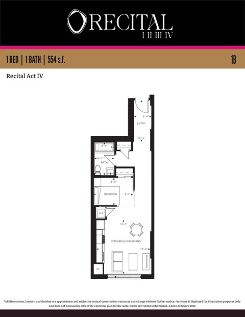 A floor plan for a 1 bedroom, 1 bathroom apartment at Orecital.